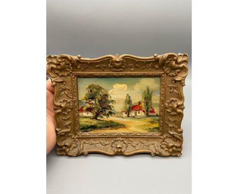 A Miniature original Oil Painting Landscape by Marco Cortinelli. Fitted within a gilt ceramic frame. 