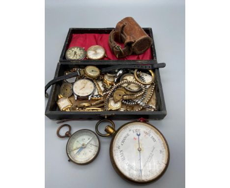 A Quantity of antique and vintage watches which includes Husbands &amp; Sons Bristol pocket barometer, military compass belon