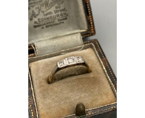 Antique 9ct gold Art Deco designed three diamond ring. Comes with original Box. [Ring size M] 