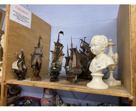 Five model wooden ships, a bust and a lamp
