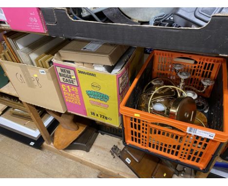 Shelf of prints, picture plates, light fitting etc