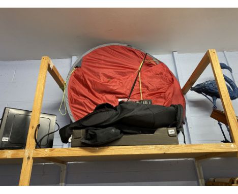 Shelf of various including a motorbike outfit, tent etc