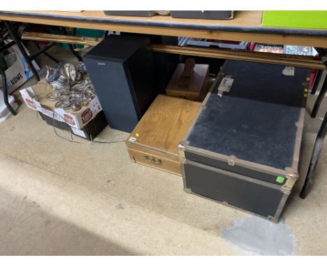 Under table lot comprising a trunk, pair of speakers, collection of metalware etc