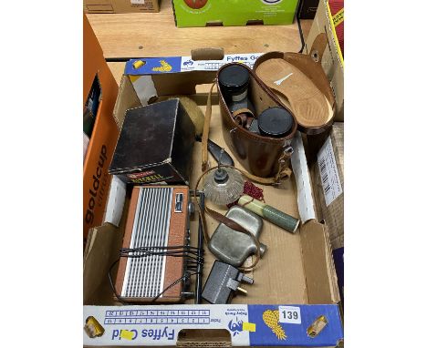 Box containing Roberts radio, binoculars, Mitchell reel etc