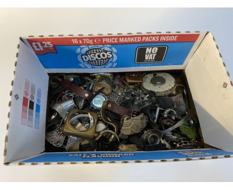 A box of assorted wristwatches, watch parts, metalware including cast historical figures and costume jewellery