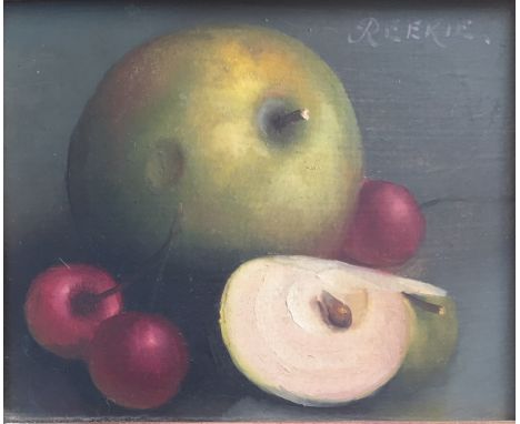 •GEORGE REEKIE (20th Century) APPLES AND CHERRIES; PLUM AND GOOSEBERRIES A pair, both signed, oil on board Each 11 x 13.5cm. 