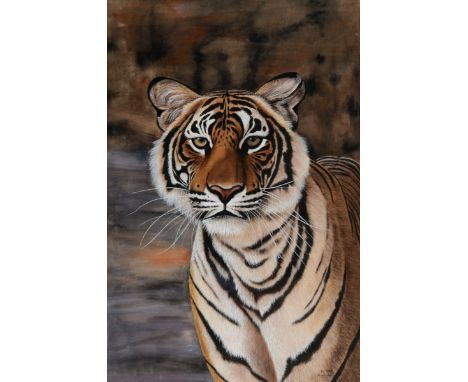 RANTHAMBORE SCHOOL OF ART, 1994 TIGER Signed and inscribed R. S. MEENA/ Rantham.. [indistinct]/ 1 Jan 1994, oil on silk (unst