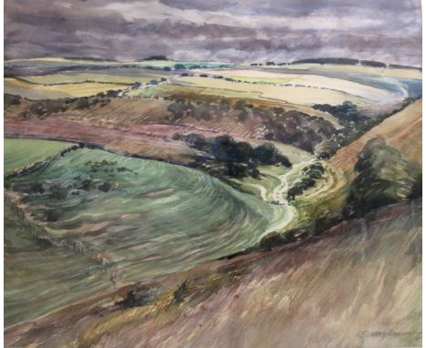 •SYDNEY GREENWOOD (1913-2001) LANDSCAPE (WILTSHIRE?) Signed, watercolour 48 x 56cm. ++ A few spots of foxing; needs a light c