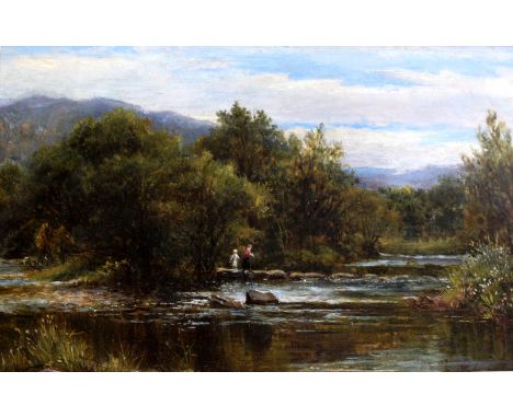 GEORGE SHALDERS (1826-1873) CROSSING THE STREAM Signed, oil on board 23.5 x 37cm. ++ A little scattered retouching; needs a l