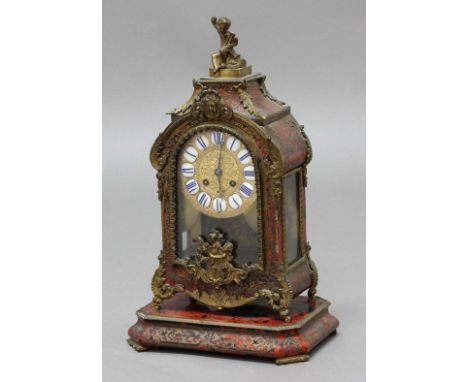 FRENCH LOUIS XV STYLE BOULLE MANTEL CLOCK AND STAND,  19th century, the gilt dial with blue and white enamelled numeral on a 