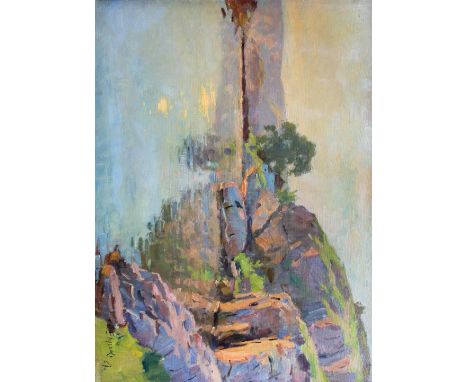 RUSSIAN/UKRAINIAN SCHOOL, 20th CENTURY A ROCKY RIVER LANDSCAPE VIEW Signed in Cyrillic and dated 57, oil on canvas 51 x 69.5c