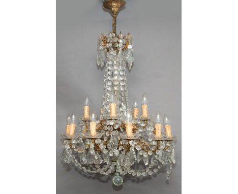 FRENCH GILT METAL FIFTEEN LIGHT CHANDELIER, the two tiers of lights with glass drops around a central column and joined by gl
