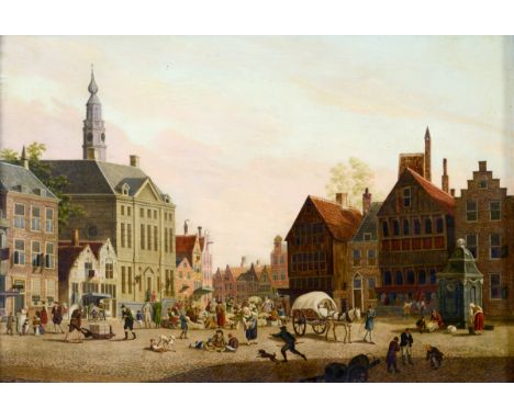 JAN HENDRIK VERHEYEN (1778-1846) WOOL TRADERS IN A DUTCH TOWN SQUARE Signed J H Pinxt on the small building on the right, oil
