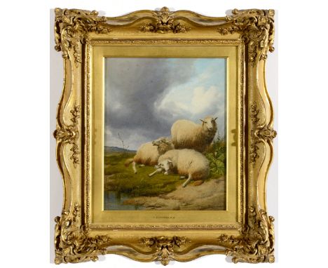 THOMAS SIDNEY COOPER, RA (1803-1902) THREE SHEEP BY A COUNTRY POOL Signed and dated 1880 or 1886, oil on board 33 x 26.5cm. +