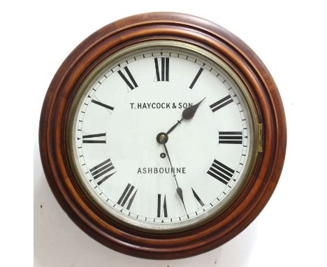 VICTORIAN MAHOGANY FRAMED WALL CLOCK,  the 11" dial inscribed T Haycock & Son/Ashborne, on a brass, eight day single fusee mo