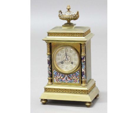 FRENCH BRASS AND CHAMPLEVE MANTEL CLOCK,  late 19th century, the 3 1/4" silvered dial on a brass, eight day movement by Vince