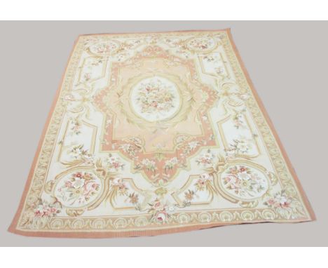 AUBUSSON DESIGN FLATWOVEN RUG,  Chinese, late 20th century, the cream field with a central panel containing swags and an oval