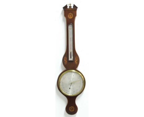 MAHOGANY AND INLAID WHEEL BAROMETER, the temple pediment above a thermometer and silvered main dial inscribed D Gugieri, heig