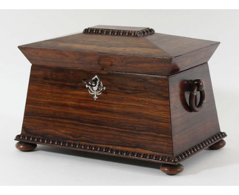 19TH CENTURY ROSEWOOD TEA CADDY, of sarcophagus form with twin-canister interior, height 17cm, width 26cm