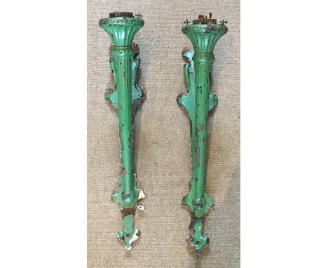 PAIR CAST IRON ARCHITECTURAL LIGHTS, c. 1900, of torch form mounted on scrolling wall plates, height 68cm x width 13cm x dept