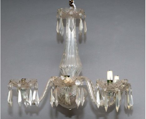 FIVE LIGHT CHANDELIER, the lights on scrolling mounts around a central baluster, faceted column, height 60cm, diameter 55cm