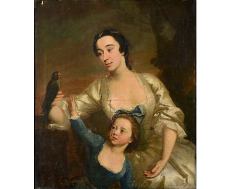 CIRCLE OF GEORGE KNAPTON (1698-1778) PORTRAIT OF A LADY HOLDING A PARROT, WITH A CHILD  The lady wearing a cream dress, the c