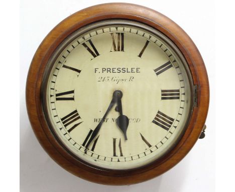 VICTORIAN MAHOGANY WALL CLOCK,  the 11 1/4" enamelled dial inscribed F. Presslee/ 245 Gipsy Road/ West Norwood, on a brass, s