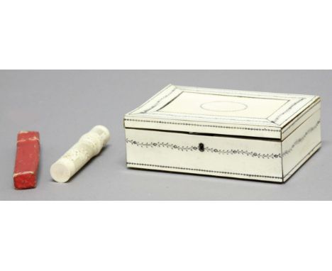 VIZAGAPATAM BOX, 19th century, with bands of harebell and meandering foliage, width 21cm; together with an ivory fan, two sil