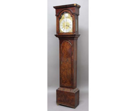 WALNUT LONGCASE CLOCK,  the brass dial with 11" silvered chapter ring with subsidiary seconds dial and date aperture beneath 