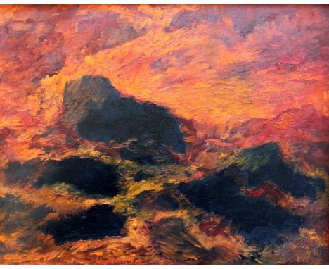 •ALBERT HOUTHUESEN (1903-1979) BLACK ROCKS, EVENING (1967/1968) Signed; inscribed with title verso, acrylic on board 35 x 45.