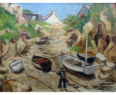 •INEZ HOYTON (1903-1983) PORTHGWARRA COVE Signed, dated indistinctly, bears title and inscription verso, oil on board 25 x 32