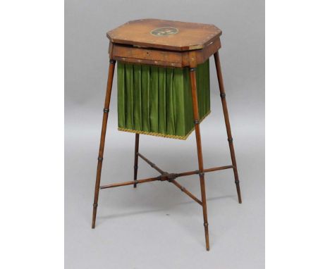 EDWARDIAN SATINWOOD AND PAINTED SEWING TABLE, the top painted with a portrait medallion of a young lady enclosing a fitted in