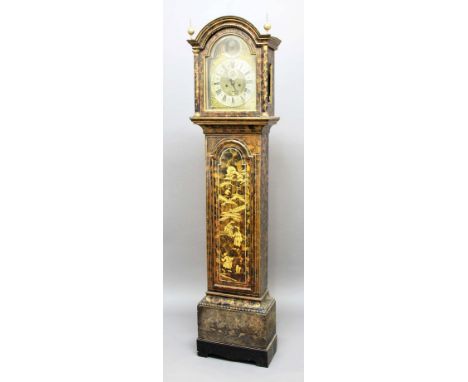 CHINOISERIE LONGCASE CLOCK, the brass dial with 11" silvered chapter ring, subsidiary seconds dial and date aperture beneath 