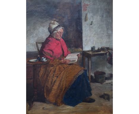 CIRCLE OF THOMAS FAED, RSA (1826-1900) THE DAILY READING Oil on canvas 59 x 45cm. ++ Retouching over old craquelure and other