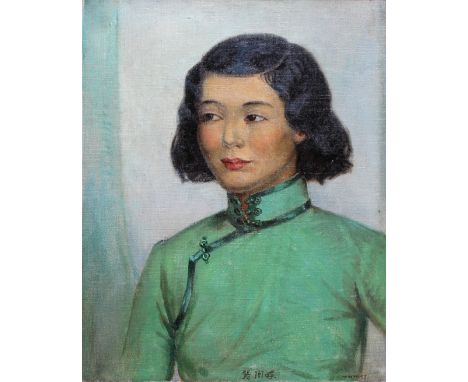 •GARNET RUSKIN WOLSELEY (1884-1967) PORTRAIT OF AN ASIAN GIRL IN A GREEN TUNIC Signed, inscribed in Asian script lower centre