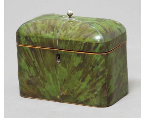 REGENCY GREEN TORTOISESHELL TEA CADDY, the domed cover enclosing a twin canister interior with covers, white metal finial, he