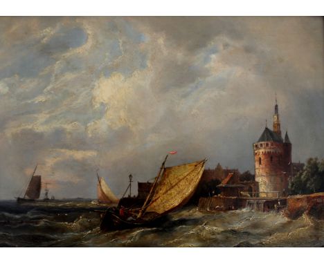 CIRCLE OF PETRUS JOHANNES SCHOTEL (1808-1865) VESSELS IN FRESH WEATHER OFF A DUTCH WATERFRONT Oil on panel 24.5 x 34.5cm. ++ 