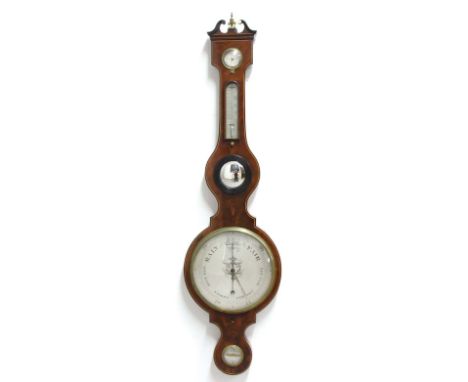 MAHOGANY AND LINE INLAID WHEEL BAROMETER, the broken swan neck pediment above a hygrometer, thermometer, mirror, silvered mai