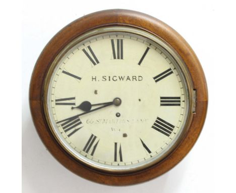 VICTORIAN MAHOGANY WALL CLOCK,  the 11" painted dial inscribed H. Sigward/66 St Martins Lane/WC on a brass, single fusee move