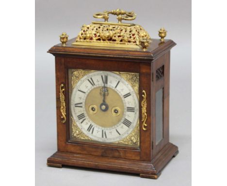 QUEEN ANNE WALNUT BRACKET CLOCK,  the brass dial with 6 1/2" silvered chapter ring and date aperture, on a brass six pillar, 