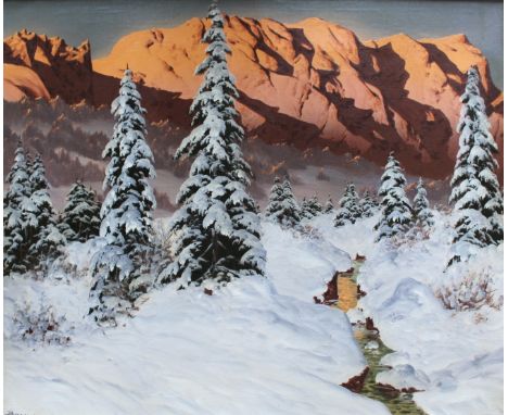 •HANS BARMA (c.1903-1978) SNOWCLAD PINES AND SUNLIT MOUNTAINS Signed, oil on canvas 49 x 59.5cm.;  with an oil of a coastal s