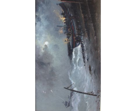 CHARLES JOHN DE LACY (1860-1936) LAUNCHING A LIFEBOAT AT NIGHT Signed, oil on canvas 29.5 x 50cm. ++ Some craquelure; needs a