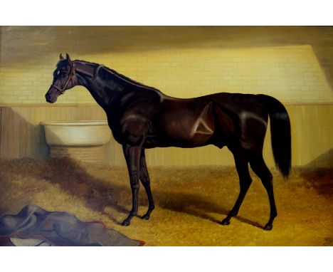 AFTER JOHN FREDERICK HERRING Senr (1795-1865) GLADIATOR, A DARK BAY RACEHORSE IN A STABLE Signed with initials SH (entwined),