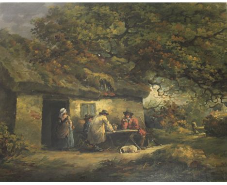 THOMAS HAND (1771-1804) PEASANTS SEATED AT A TABLE BY A COTTAGE Signed and dated 91, oil on canvas 69 x 89cm. Provenance: Lon