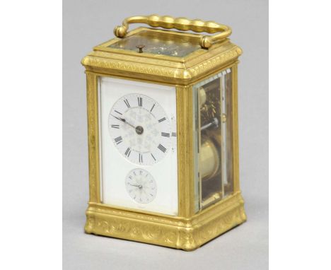 FRENCH GILT BRASS FOUR PANE CARRIAGE CLOCK,  mid 19th century, the enamelled dial inscribed Dent - Watchmaker to the Queen/41