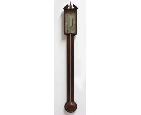 STICK BAROMETER, the silvered gauge inscribed G Comeli, Newcastle, beneath a temple pediment, string inlaid shaft and turned 