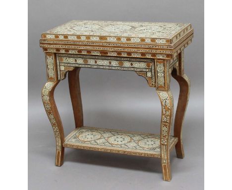 DAMASCUS GAMES TABLE, early 20th century, the fold out top enclosing playing surfaces for chess, backgammon and cards, the wh