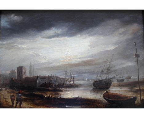 CIRCLE OF JOHN CROME (1768-1821) FIGURES BY AN ESTUARY AT DUSK Oil on panel 25.5 x 37cm. Provenance: probably Collection of T