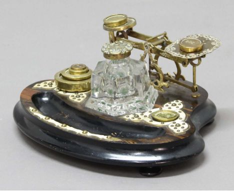 VICTORIAN COROMANDEL  AND IVORY MOUNTED SCALES CUM DESK STAND, the pen rest before a glass inkwell, weights and a set of bras