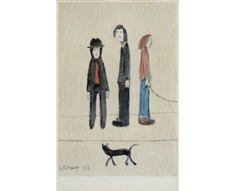 •AFTER LAURENCE STEPHEN LOWRY, RA (1887-1976) THREE MEN AND A CAT (1963) Offset lithograph, published by Adam Collection Ltd,